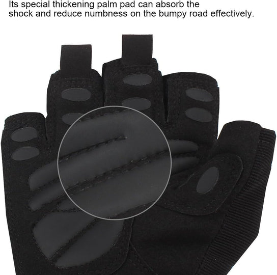 Close-up of Trideer half-finger workout gloves showing thick palm padding and textured grip