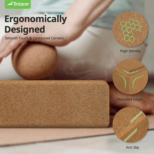 Natural cork yoga block close-up showing antimicrobial non-slip surface texture