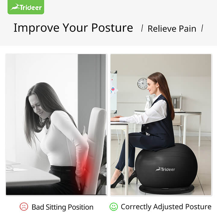 Woman using exercise ball chair at office desk for better posture