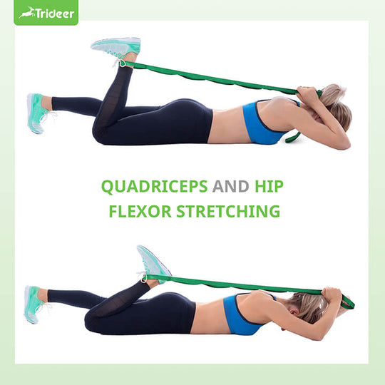 Woman using Trideer stretching strap for hamstring stretch exercise