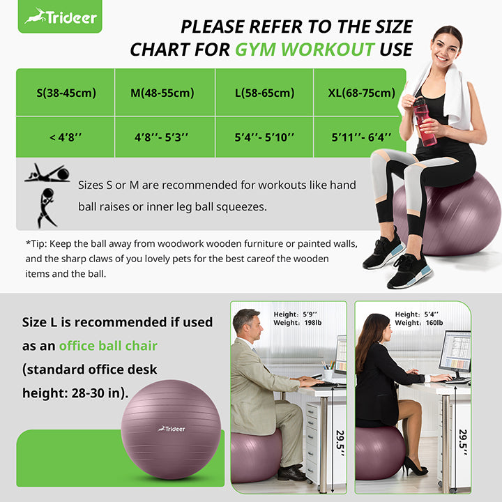 Exercise ball size guide 55cm 65cm 75cm 85cm for different heights